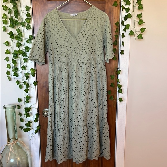 VANESSA ZANI 100% Italian Cotton Eyelet Lace Midi Cottage Dress Sage Green | L - Picture 1 of 8